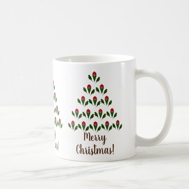 Vibrant Red Roses, Holly Christmas Tree Art, Wish  Coffee Mug (Right)