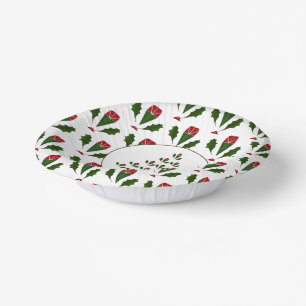 Vibrant Red Roses, Holly Christmas Tree Holiday Paper Plate