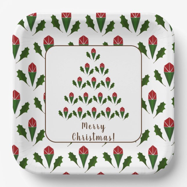 Vibrant Red Roses, Holly Christmas Tree & Wish Paper Plate (Front)