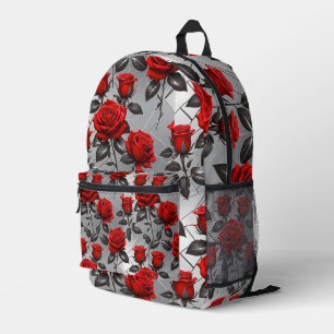 Vibrant Red Roses On A Metallic Silver Background Printed Backpack