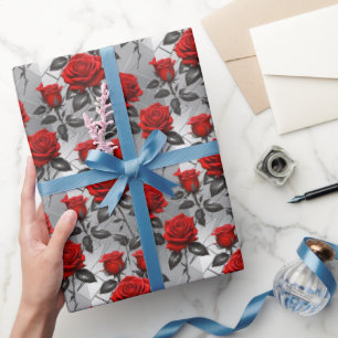 Vibrant Red Roses On A Metallic Silver Background Wrapping Paper