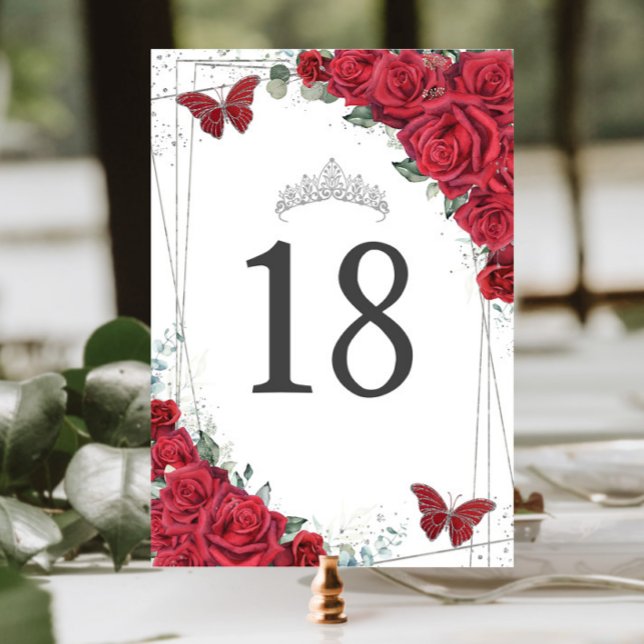 Vibrant Red Roses Silver Butterflies Birthday Table Number (Creator Uploaded)