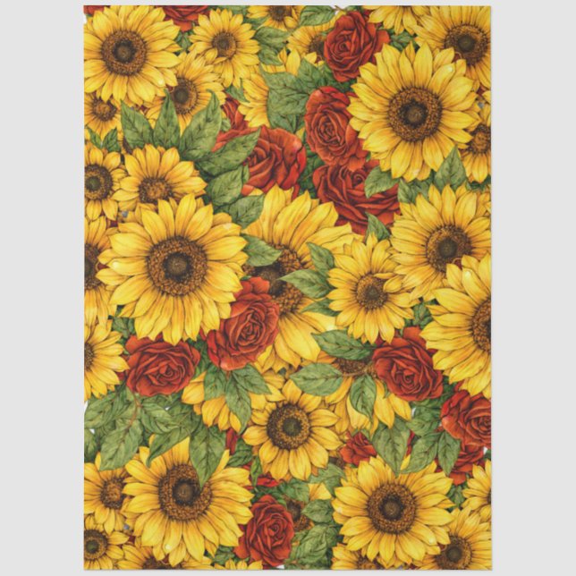 Vibrant Red Roses & Sunflowers Decoupage Tissue Paper (Front)