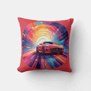 Vibrant Red Sports Car in a Dynamic Spiral Design Cushion