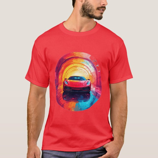 Vibrant Red Sports Car in a Dynamic Spiral Design T-Shirt (Front)