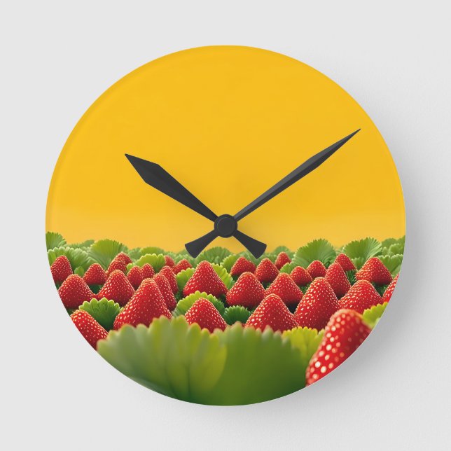 Vibrant Red Strawberry Field Round Clock (Front)