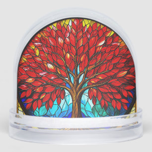 Vibrant Red Tree Stained Glass Art Snowglobe