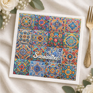 Vibrant Red Yellow Mexican Talavera Tile Napkin