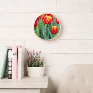 Vibrant Red & Yellow Tulips in Spring Garden Clock