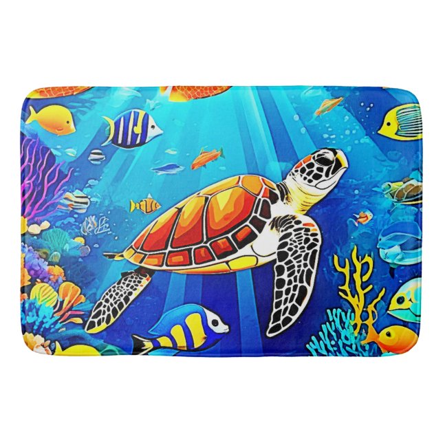 Vibrant Reef: Turtle's Underwater Realm Bath Mat (Front)