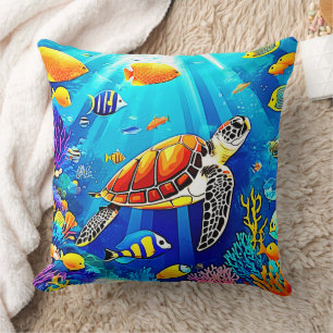 Vibrant Reef: Turtle's Underwater Realm Cushion