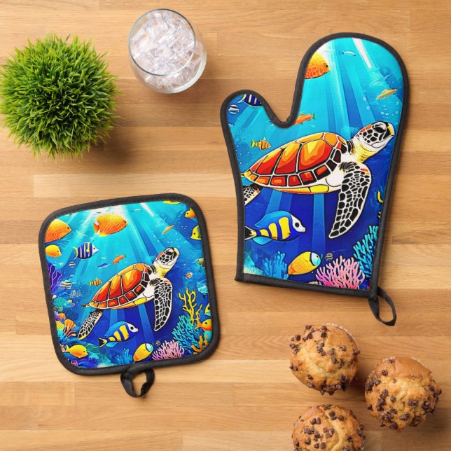 Vibrant Reef: Turtle's Underwater Realm Oven Mitt & Pot Holder Set (Top Down)