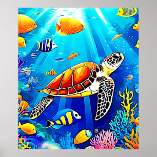 Vibrant Reef: Turtle's Underwater Realm Poster