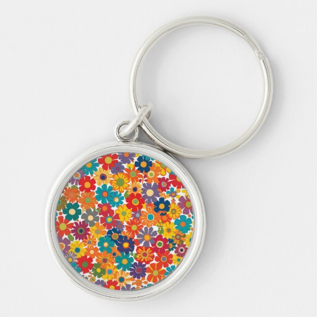 Vibrant Retro 60s Daisy Flower Power Pattern Key Ring (Front)