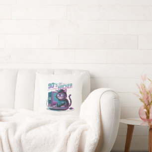 Vibrant Retro 90s Cat Hacker Throw Pillow