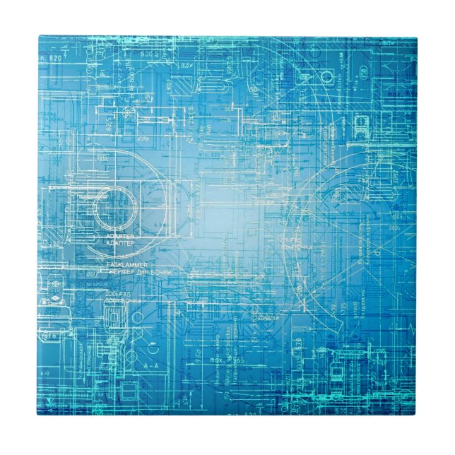 Vibrant Retro Blueprint Ceramic Tile (Front)