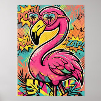 Vibrant Retro Comic Flamingo Sunglasses Pop Art Poster