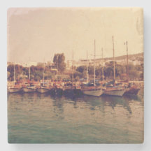 Vibrant retro coral sunset Bodrum harbour shore