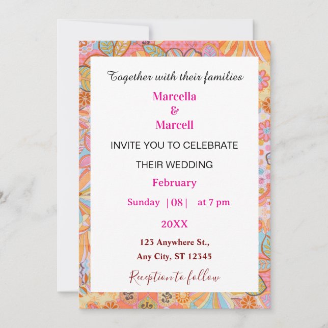 Vibrant Retro Floral Pattern Illustration Invitation (Front)