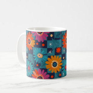 Vibrant Retro Floral Pattern with Teal Squares Coffee Mug