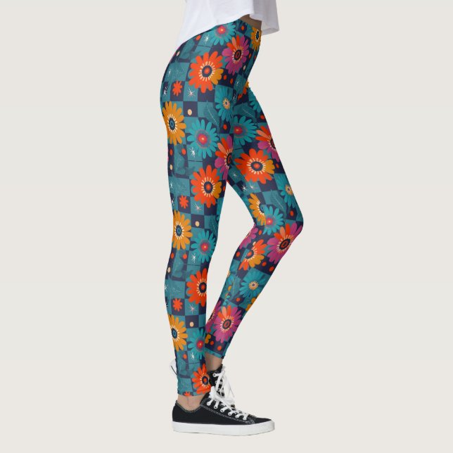 Vibrant Retro Floral Pattern with Teal Squares Leggings (Right)