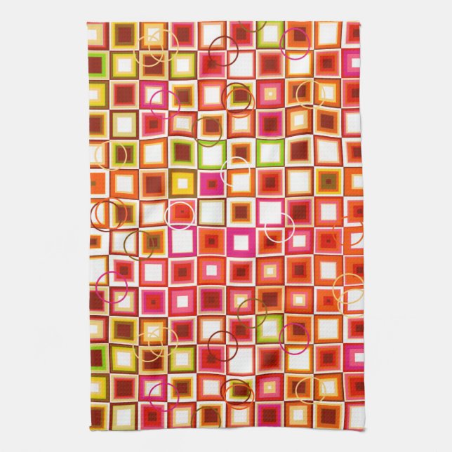 Vibrant Retro Geometric Square Pattern Tea Towel (Vertical)