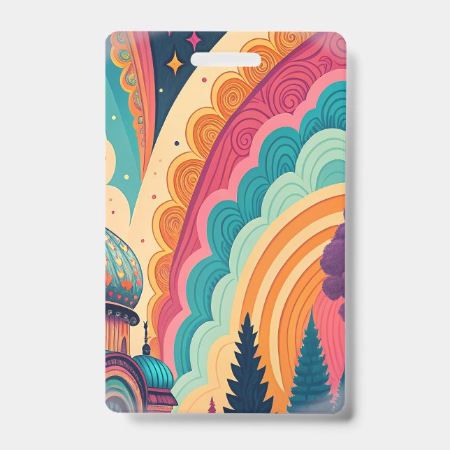 Vibrant Retro Rainbow Event Badge – Customisable ID Badge (Front)