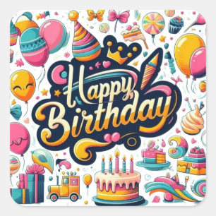 Vibrant Retro Style Happy Birthday Square Sticker