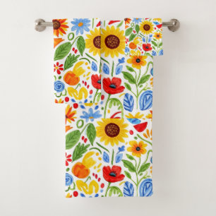 Vibrant Retro Sunflower and Poppy Folk Art Bath Towel Set