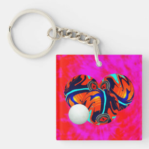 Vibrant Roll: Red and Aqua Lawn Bowls on Hot Pink Key Ring