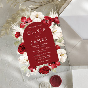 Vibrant Romantic Red & White Floral Wedding Acrylic Invitations