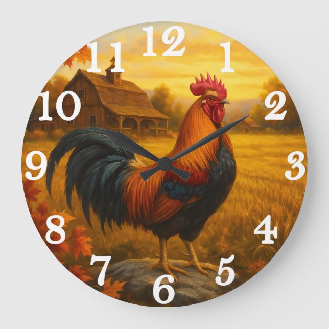 Vibrant rooster in golden pasture large clock (Front)