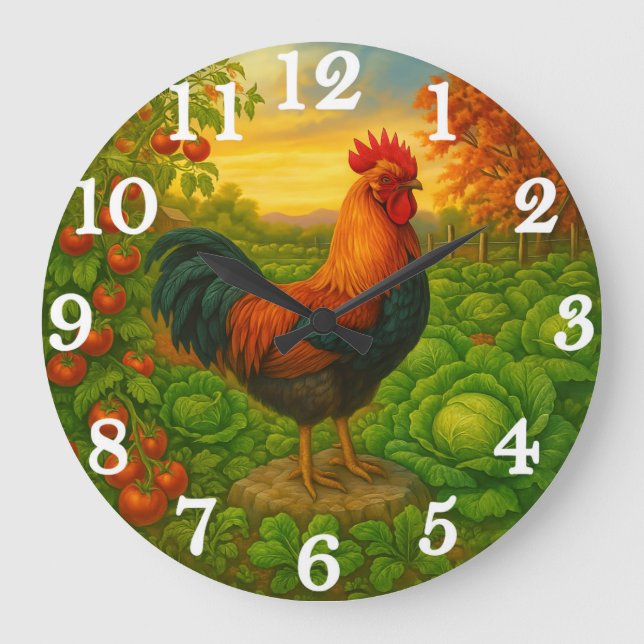 Vibrant rooster in vegetable garden large clock (Front)