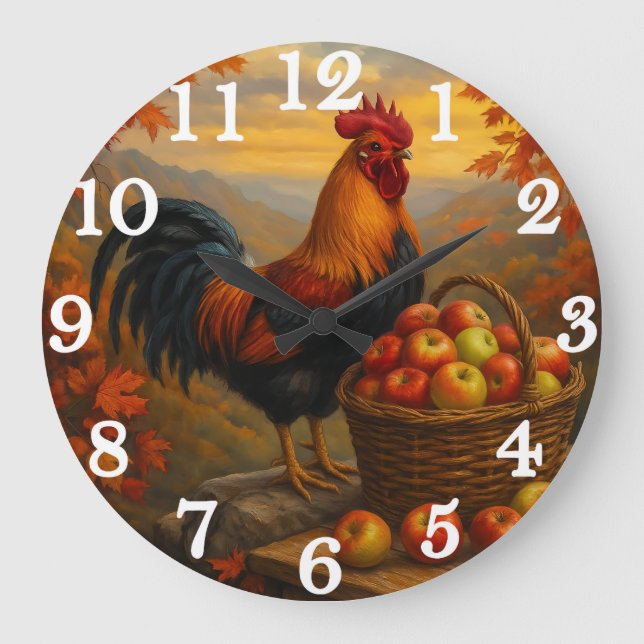 Vibrant rooster with apples farmyard large clock (Front)