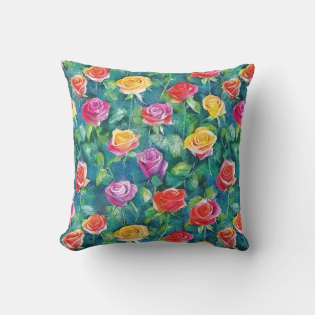 Vibrant rose bushes watercolor print cushion (Front)