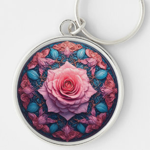 Vibrant Rose in Bloom Surrounded by Ornate Details Key Ring