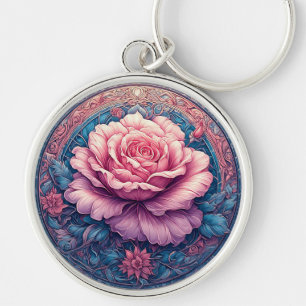 Vibrant Rose in Bloom Surrounded by Ornate Details Key Ring