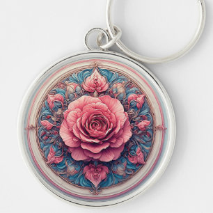 Vibrant Rose in Bloom Surrounded by Ornate Details Key Ring