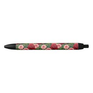 Vibrant Rose Pattern With Red And Pink Roses Black Ink Pen