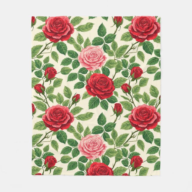 Vibrant Rose Pattern With Red And Pink Roses Fleece Blanket (Front)