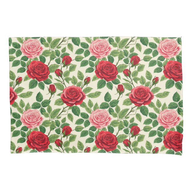 Vibrant Rose Pattern With Red And Pink Roses Pillowcase (Front)