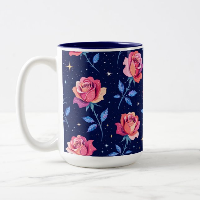 Vibrant Roses Against Starry Night Sky Two-Tone Coffee Mug (Left)