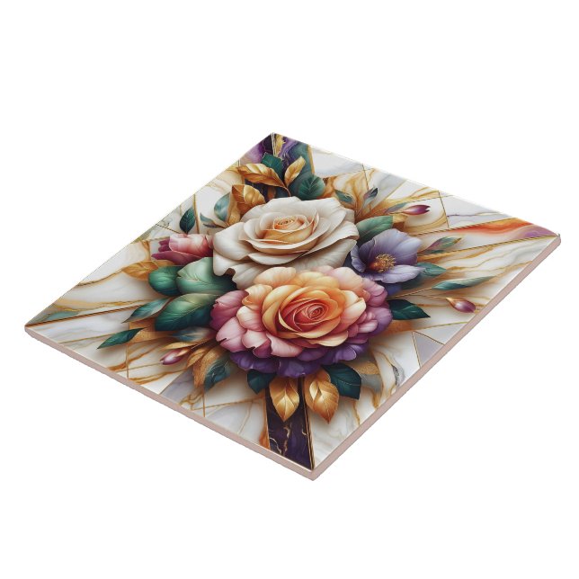 Vibrant Roses With Leaves on a Marble Background Ceramic Tile (Side)