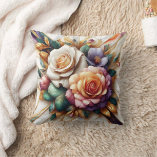 Vibrant Roses With Leaves on a Marble Background Cushion