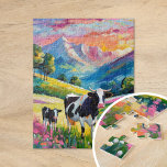 Vibrant Rural Landscape with Cows Jigsaw Puzzle<br><div class="desc">A heartwarming modern impressionist painting of a mother cow and her calf in a serene rural mountain pasture, brought to life with bright, vibrant colours and thick abstract brushstrokes. The dynamic strokes capture the peaceful bond between the animals, while the rich hues of green, blue, and earthy tones create a...</div>
