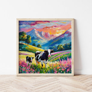 Vibrant Rural Landscape with Cows Poster