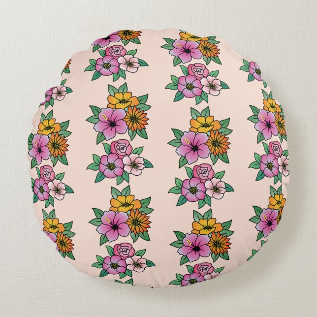 Vibrant Rustic Bouquet Pattern Round Pillow (Front)