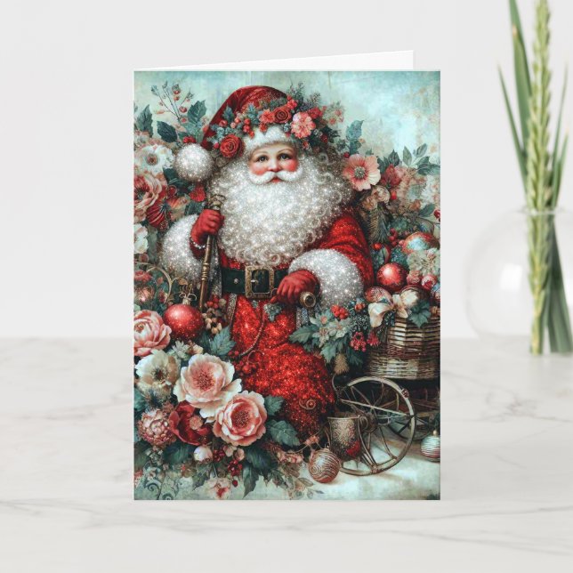 Vibrant Rustic Floral Vintage Santa Holiday Card (Front)