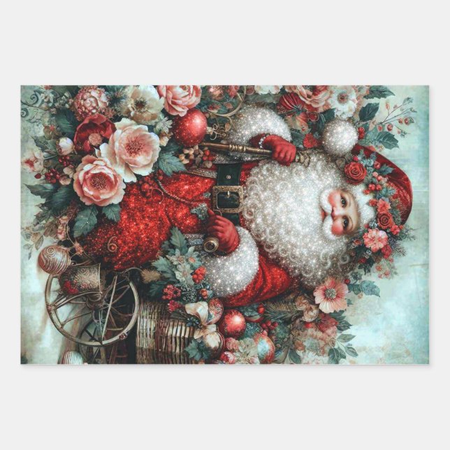 Vibrant Rustic Floral Vintage Santa Wrapping Paper (Front)