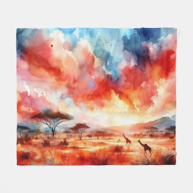 Vibrant Safari Sunset Fleece Blanket (Front (Horizontal))